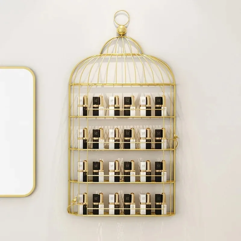 

Bird Cage Shape Nordic Wall Storage Holder for Nail Polish Manicure Shop Iron Rack Organizer Metal Shelf Wall Decoration