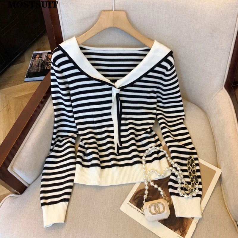 

Striped Knit Sweater Pullover Women 2025 Autumn Winter Long Sleeve Sailor Collar Knitwear Tops Stylish Chic Fashion Ladies Jumpe
