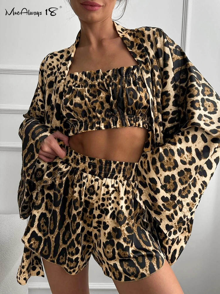 Mnealways18 Leopard Print Suits With Corsets Women 3 Pieces Drop Shoulder Blouses Homewear 2024 Wide Legs Shorts Ladies Outfits