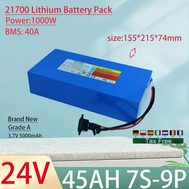 24V 45Ah 21700 7S9P Lithium Ion Battery Pack 1000W Power Tool Batteries Outdoor Backup Batteries With 40A BMS+29.4V 5A charger