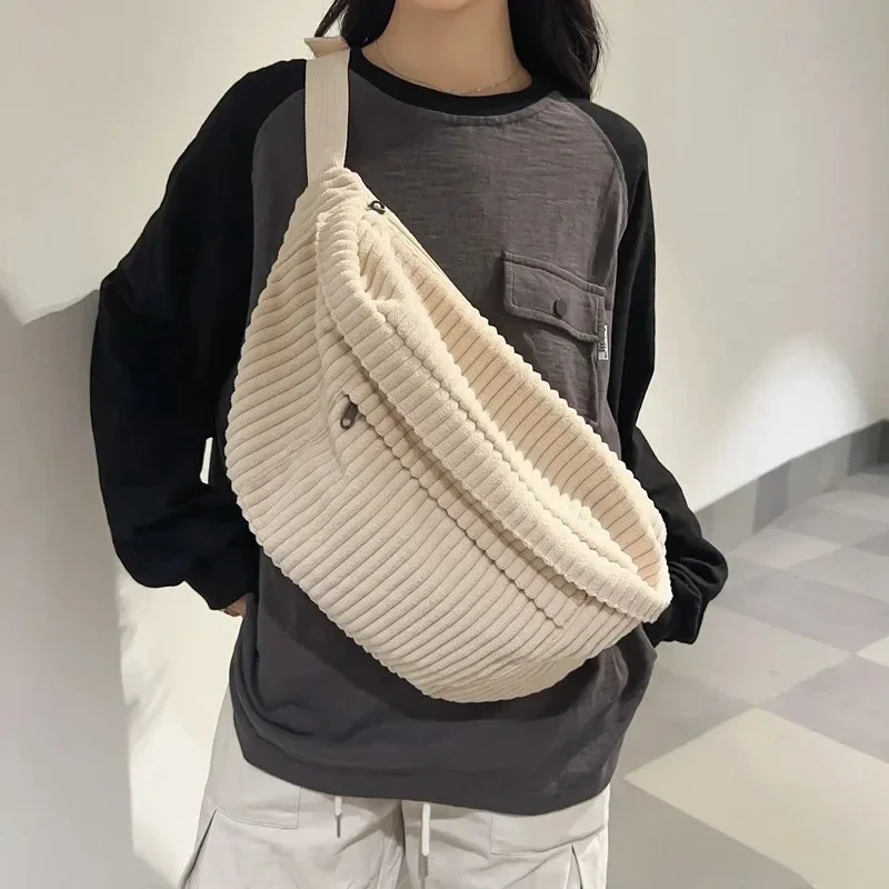 Large Capacity Corduroy Women Waist Pack Casual Fanny Pack Academic Style Chest Bag Unisex Shoulder Crossbody Bag Waist Belt Bag