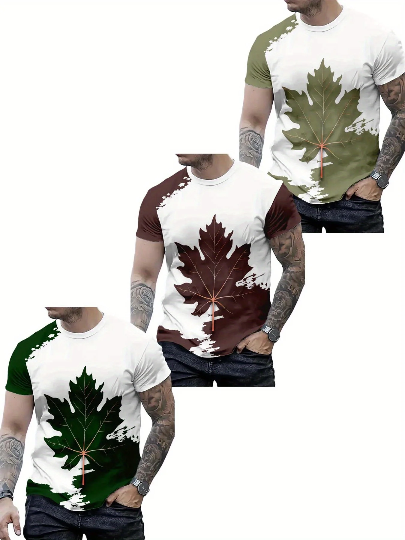 

3PCS Summer Fashion Quick Dry Round Neck T-Shirt Maple Leaf Printed Breathable Short Sleeve Positive Size Large Short Sleeve