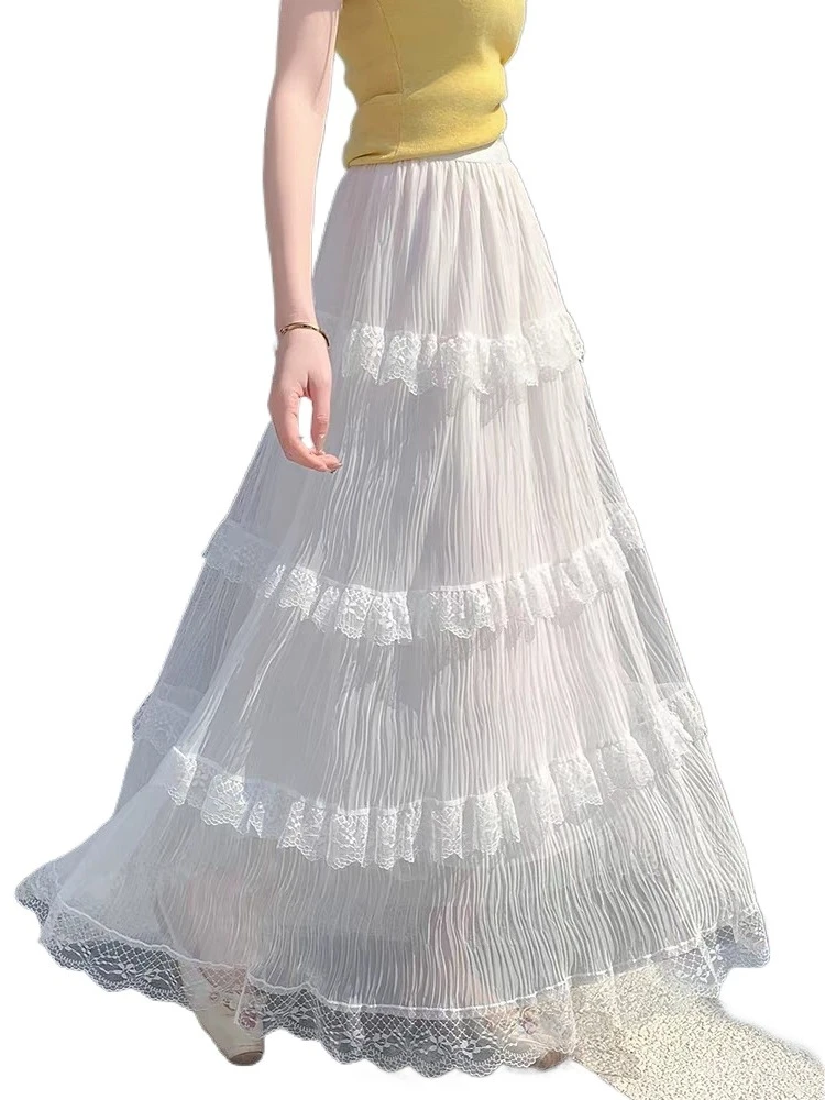 Gonna torta bianca Elegante dolce lungo oversize 2025 Estate Nuovo abito a mezza lunghezza a strati di pizzo a vita alta elastico a trapezio femminile