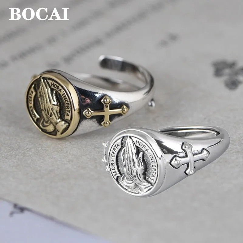 

BOCAI 100% Real S925 Silver Jewelry Wholesale Vintage Craftsmanship Punk Style Crosses Two Handed Prayer Rings for Men and Women