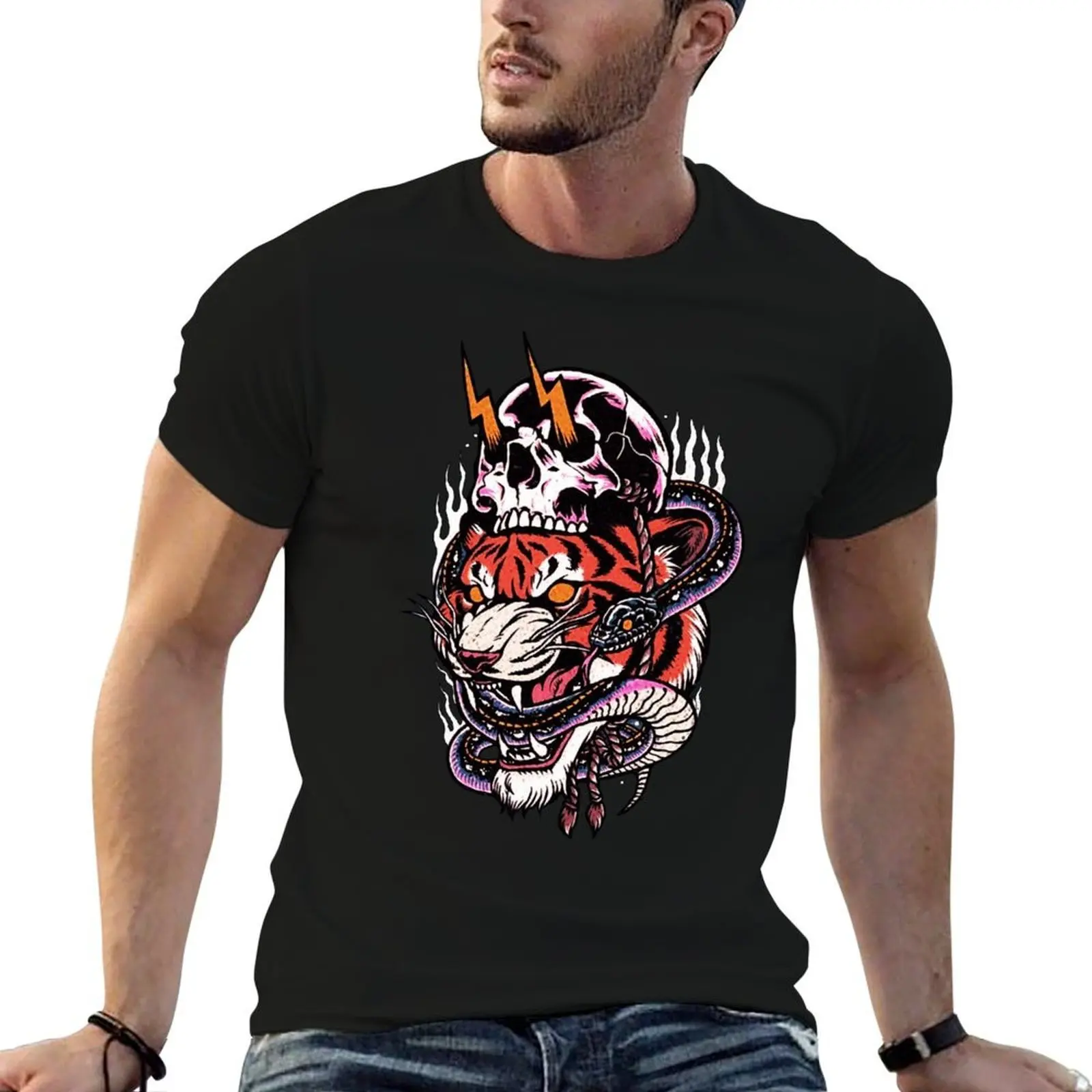 Traditional Tiger and Snake and Skull Tattoo T-Shirt tops blacks cotton t shirt men