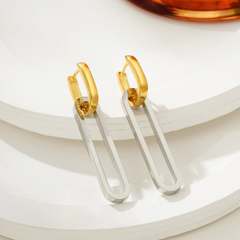 Fashion Gold Silver Color Double Loop Design Square Long Hoop Earrings Removable Punk Hip Hop Round Huggie Jewelry for Women