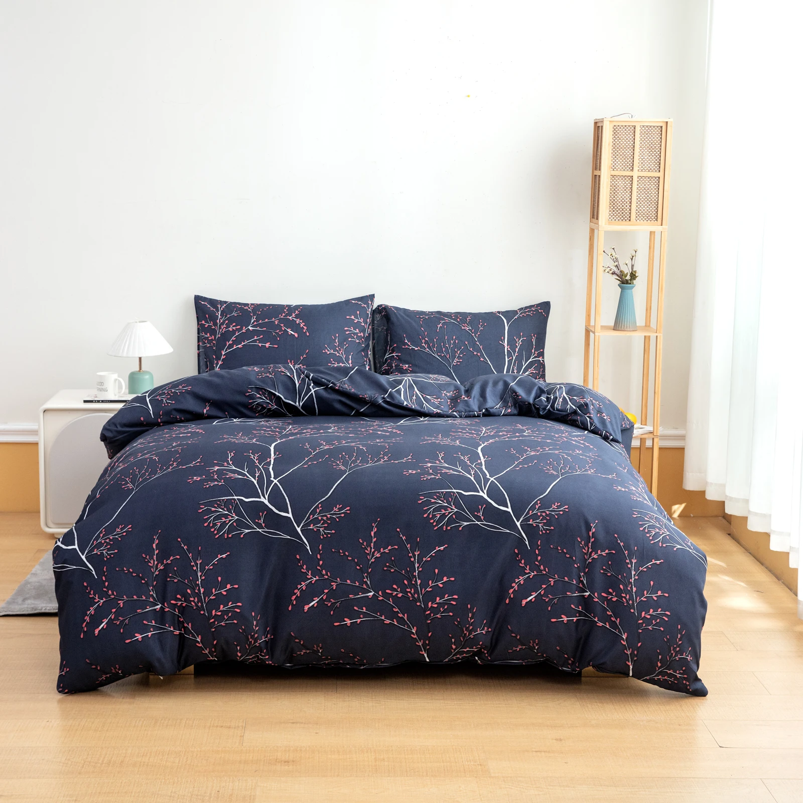 Juego de colcha de 3 piezas estilo floral azul marino, juego de edredón súper suave, cómodo y transpirable, adecuado para dormitorios y habitaciones de invitados (colcha + fundas de almohada, sin colcha ni núcleo de almohada) Juego de cama para todas las 