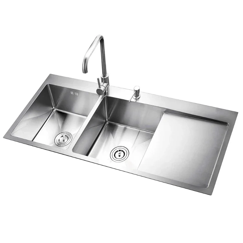 Professional Manufacturer Square Wash Chrome Handmade Double Bowl Sink Brushed Kitchen Sink with Sloping Platform