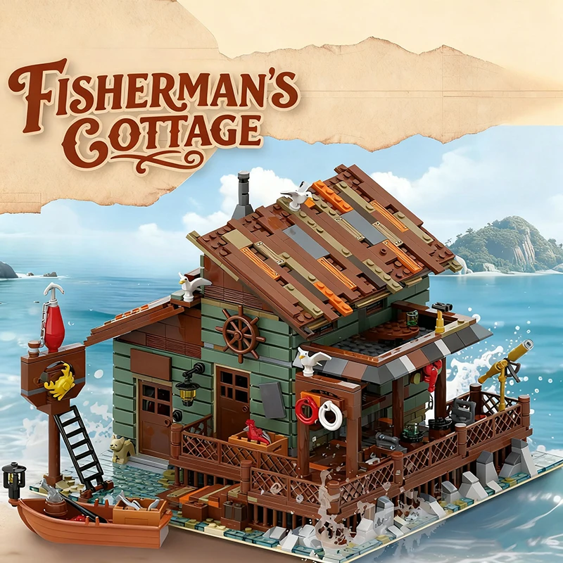 مجموعة مكعبات بناء العمارة على شاطئ البحر سلسلة المدينة كوخ الصياد منزل ريفي وقارب صيد نموذج لعبة الطوب هدية للأطفال #1