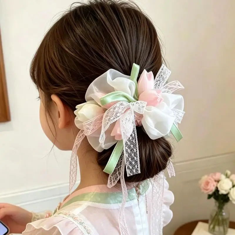Haargummis für Damen, neue koreanische Tulpen, süße, zarte Spitze, vielseitige elastische Haarbänder, hochwertige Haaraccessoires für Mädchen – Detail 5