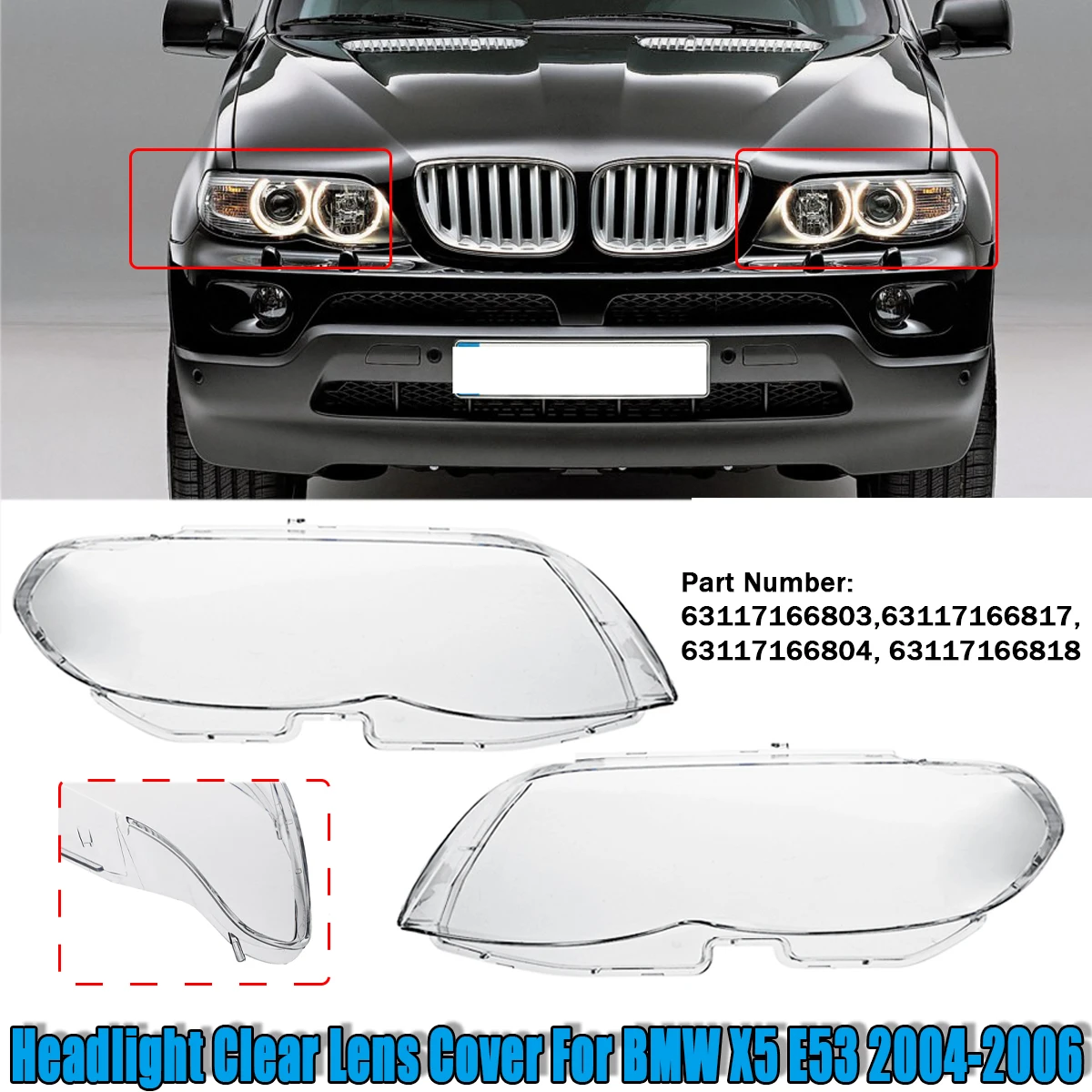 

Крышка объектива фар автомобиля, абажур для BMW X5 E53 2004 2005 2006, прозрачная крышка фары, крышка объектива слева/правая