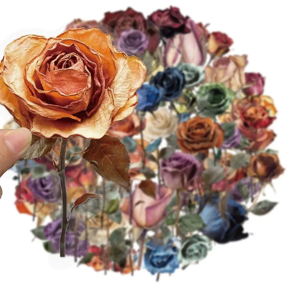 

50PCS PET Dried Rose Stickers Retro Design Removable Graffiti Stickers Reusable Waterproof DIY Decorative Stickers