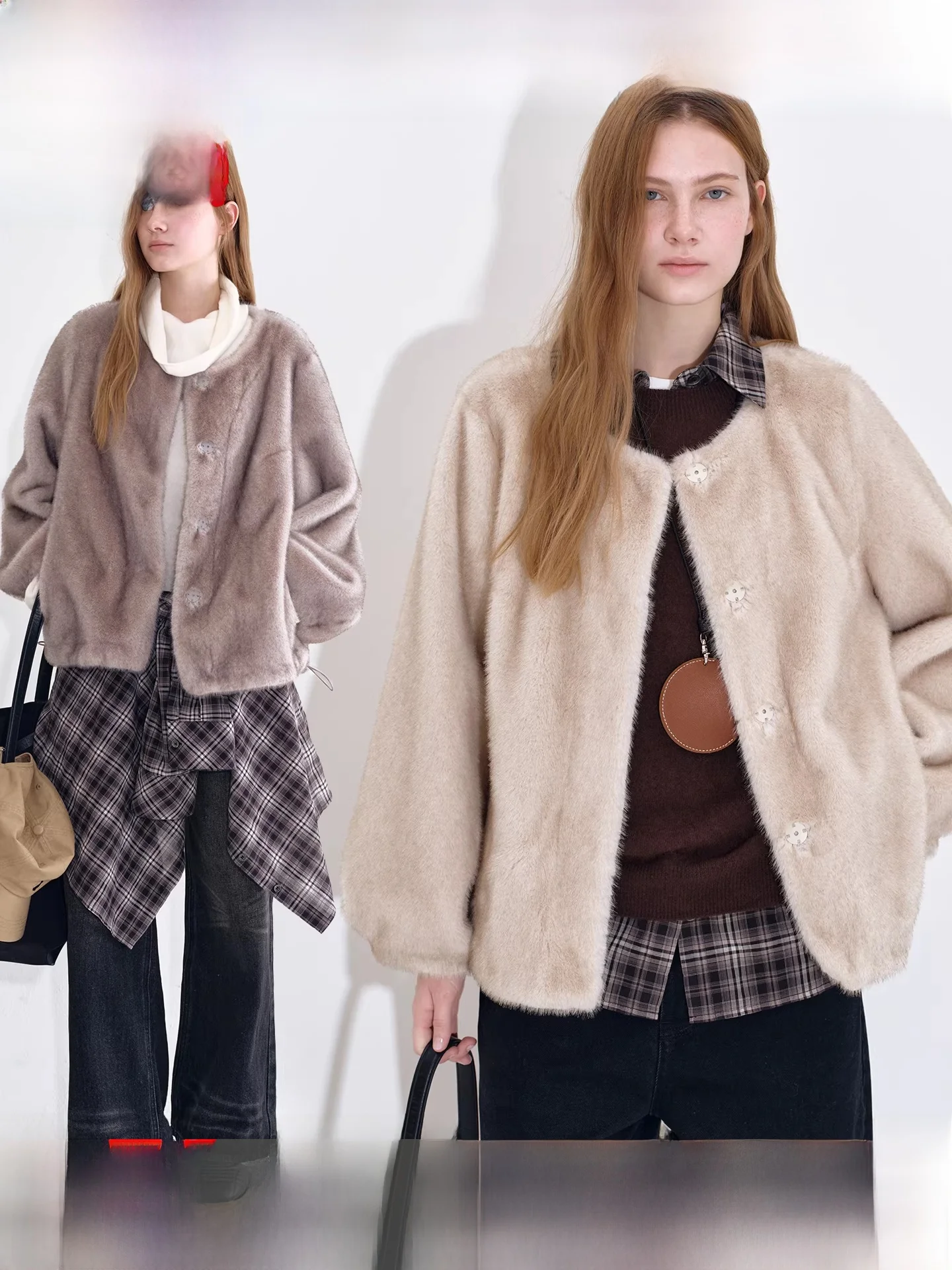 

Зимнее женское пальто Fano 2025 с рукавами-фонариками, двухцветное, из экологически чистого меха, повседневное, с круглым вырезом, длинными рукавами, короткое