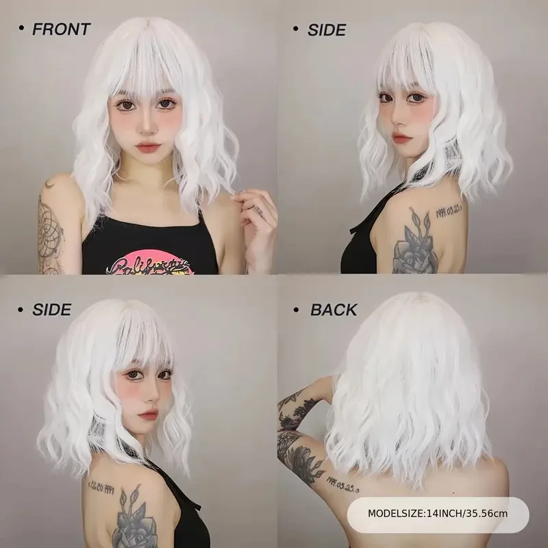 Silver White Short Roll Synthetic Wig Lolita Can Beveled Mid-split Fashionable Water Wave Curly Wig Women's Wig image 6