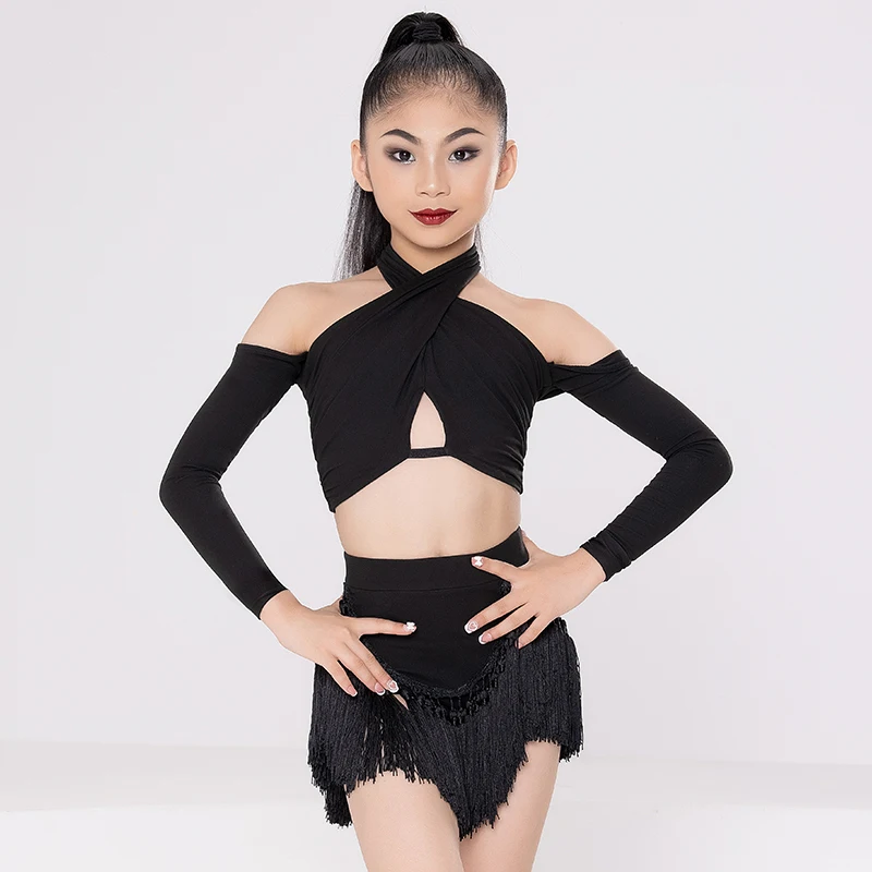 Kids Long Sleeved Latin Dancing Dresses Girls Latin Dance Competition Costume Black Leopard Latin Top Fringed Skirt DWY9395