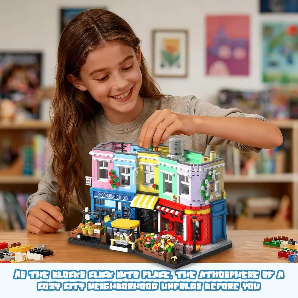 Juego de bloques de construcción London Main Street Architecture: 2666 piezas con estudio de grabación, cafetería, panadería, floristería para Adu