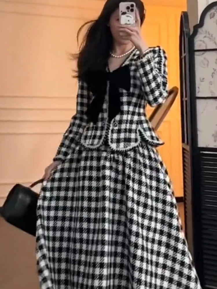 

Осенне-зимний маленький ароматный стиль, темпераментный галстук-бабочка, топ с длинными рукавами, поясная талия, длинная юбка до половины тела, комплект для женщин