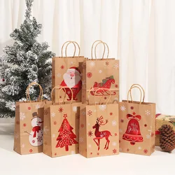 6pcs Christmas Kraft Paper Bag Xmas Eve Santa Claus Gift Bag Tote Bag With Handle Candy Package Bag Cookie Present Decorate