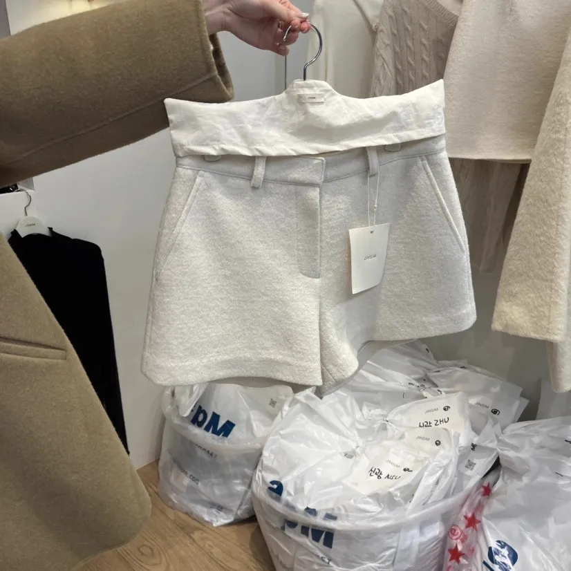 Faionable High Waist Woolen  orts Women's Casual Pants Slimming Sle Korean Commute Pure Color Autumn Winter New Arr...