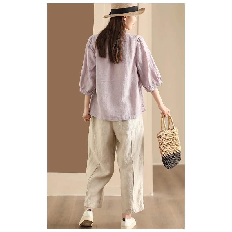 High-end Linen Women Spring and Summer Seven-quarter Sleeve Shirt Light Blue Refreshing Simple Round Neck Blouse Loose Cool