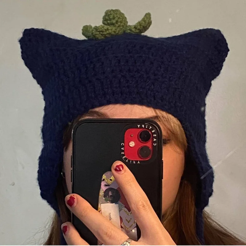 Y2K Trend Harajuku Beanie Hat Fruit Pendant Beanies Women Knitted Cat Ear Punk Cap Fashion Designer Winter Warmer Bonnet Gorras