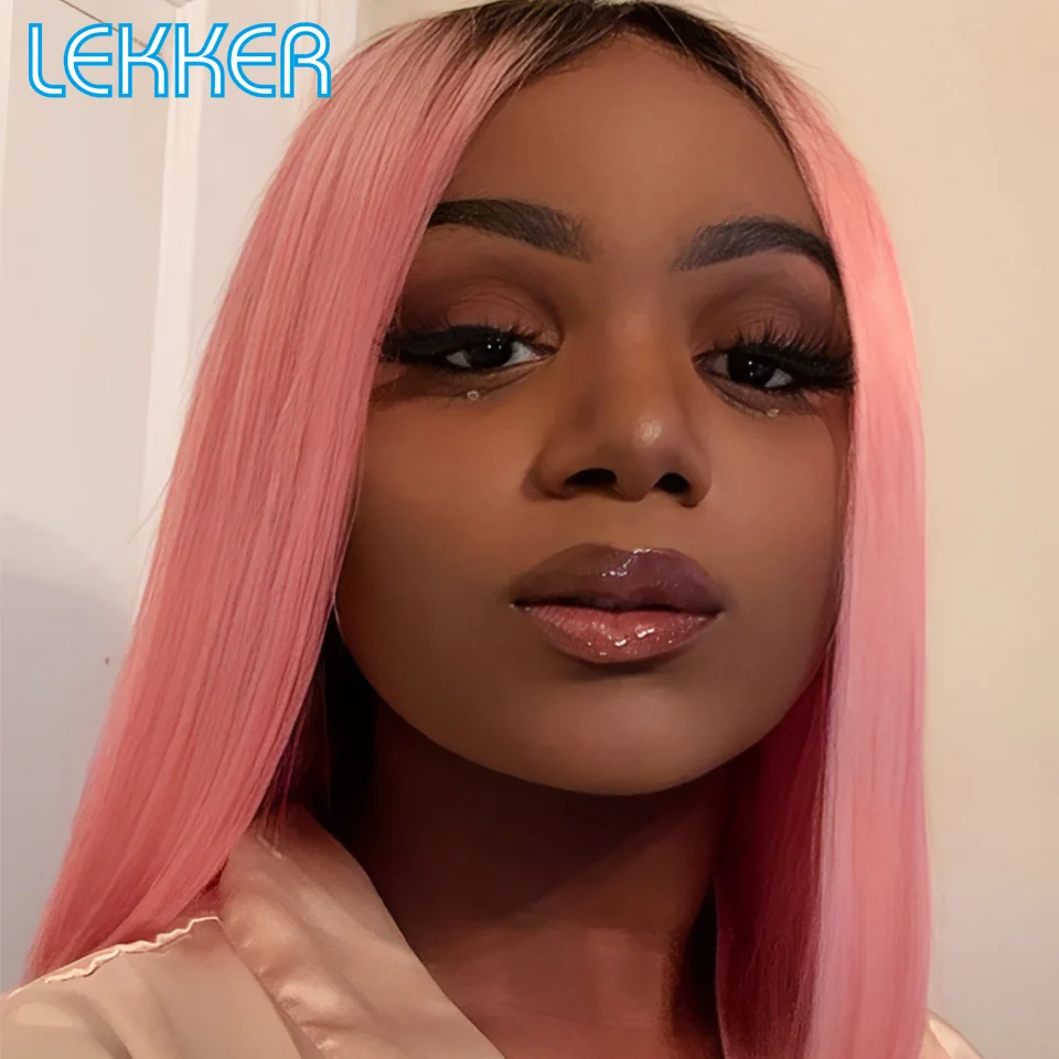 

Lekker 1b Pink Short Straight Bob 13x1 T Lace Front 100% Human Hair Wigs For Women Brazilian Remy Hair Colored Glueless Wigs