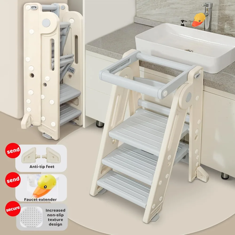 Toddler Kitchen Tower for Learning and Cooking, Safety Rail, 3-Step, Foldable & Adjustable