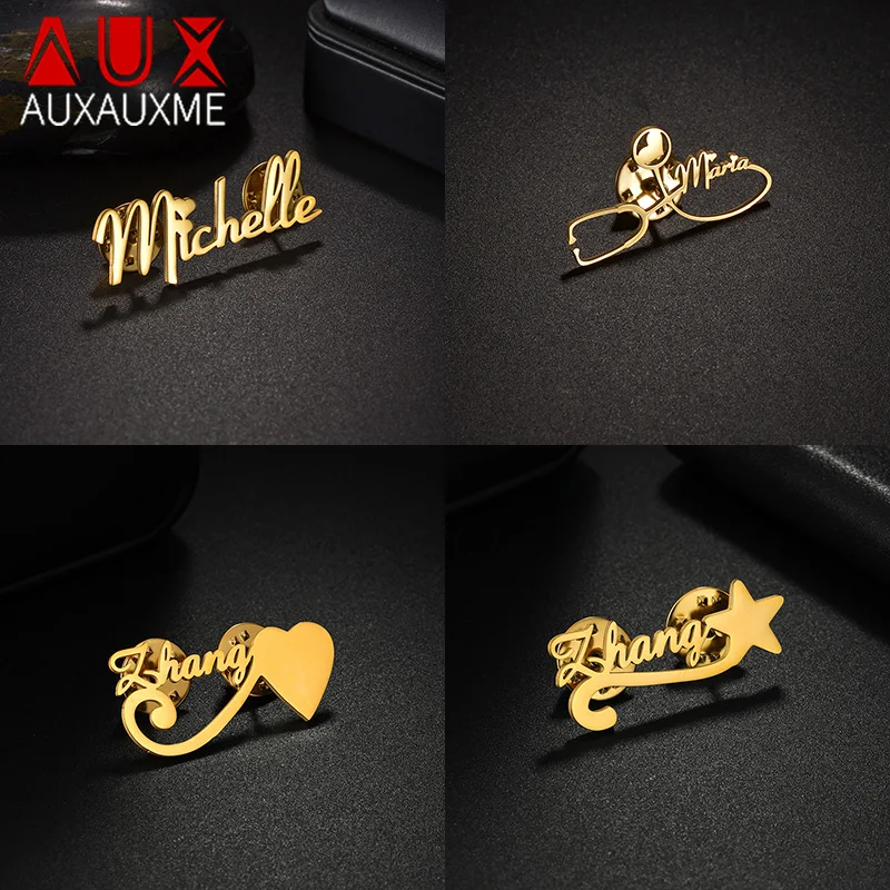 

Auxauxme Custom Names Brooch Stainless Steel For Women Men Personalized Heart Star Stethoscope Pin Brooch Jewelry Party Gifts