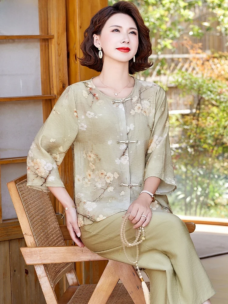 

New Chinese Style Loose Cotton Linen Small Shirt Fashionable Summer Clothing for Middle-Aged And Elderly Women Seven-Quarter ...