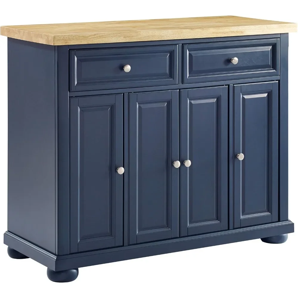 

Navy Kitchen Island with Microwave Stand and Coffee Bar | Storage Shelves and Drawers