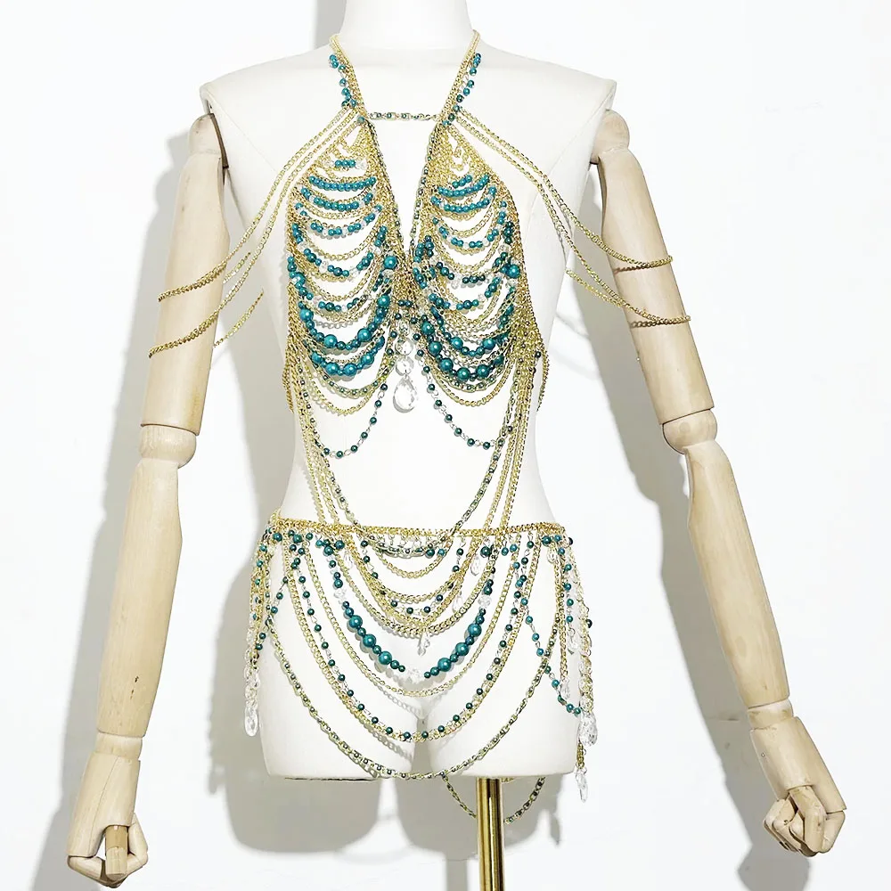 

Handmade Gold Chain Beaded Bralette and Waist Chain Female Holiday Jewelry Body Chain Music Festival Club Green Pearled Bra Set