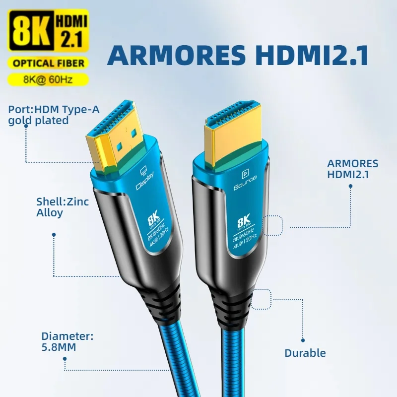 8K 60Hz HDMI Optic Fiber Cable 48Gbps Ultra High Speed HDMI 2.1 Cable Dynamic HDR eARC HDCP for HDTV No Electromagnetic Interfer