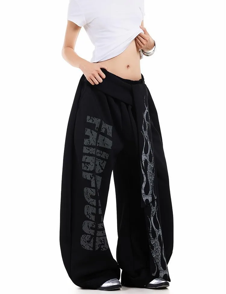 

Retro niche letter flame ribbon casual sweatpants for women's street design, loose jazz curved knife pants