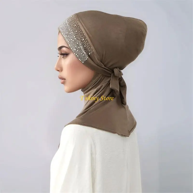 

N58F Classical Hijab Hat with Crystal Beads Turban Hat for Women Religious Occasion