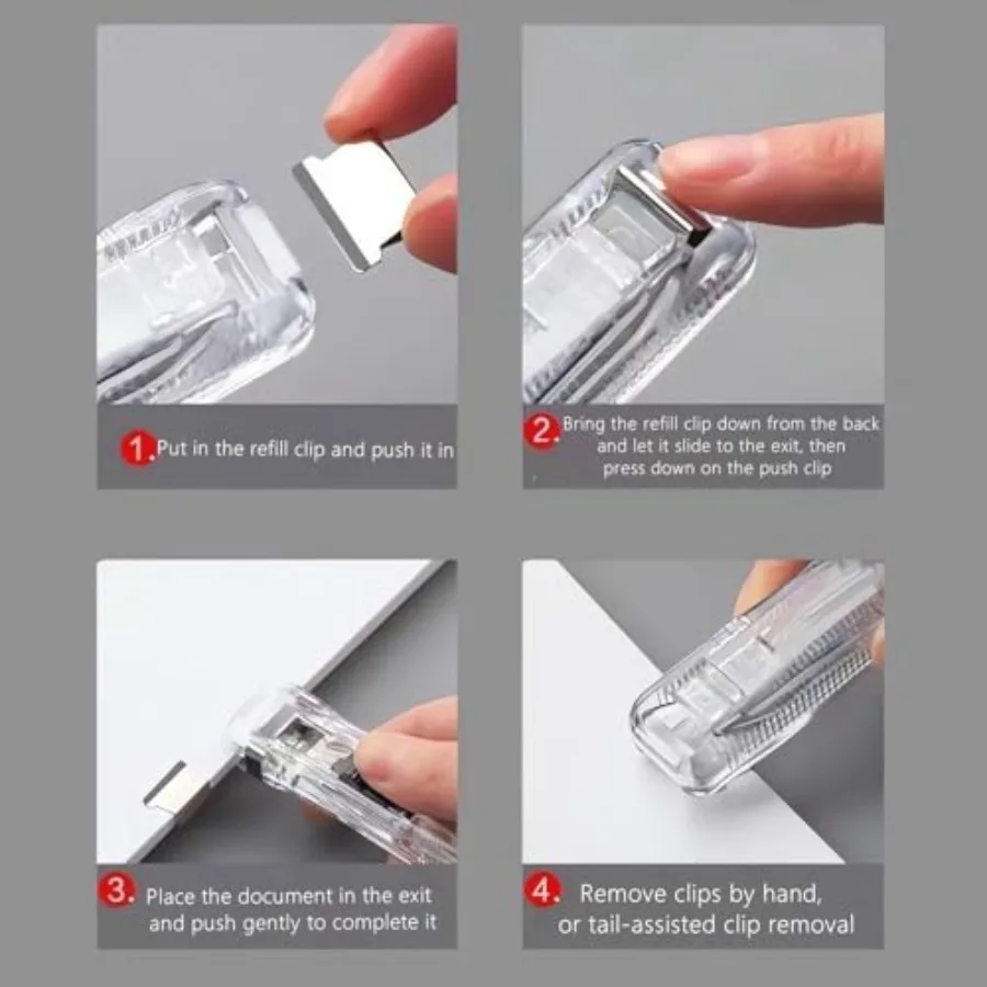 Dispensador de clips de almeja de papel portátil, cortapapeles rápido con 50 clips metálicos plateados reutilizables para documentos de escritorio y oficina