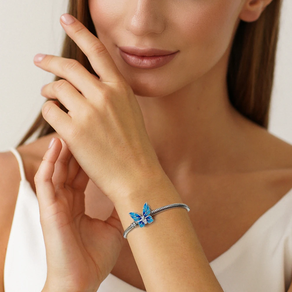 925 Sterling Silver Butterfly Beads With Blue Enamel Charms Fit Original European Bracelets Religious Jewelry for Women Friends