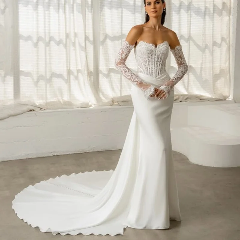 Satin White Appliques Wedding Dresses long sleeves  glitter fishtail Lace decal Gowns Made wedding dress