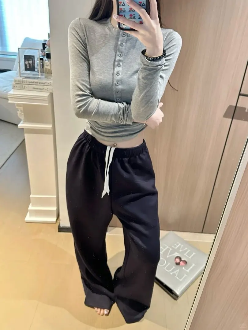 

Slim Fit American Sle Long Sve T-irt Women's ey Henry Collar Winter New Sle Waist a Top Casual Wear