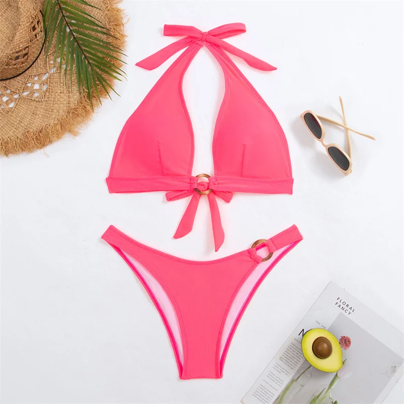 New Sexy Bikini Sets Women 2 Piece Swimsuits Solid Halter Swimwear Watermelon Red Bathing Suit Padded Back Tie Beachwear