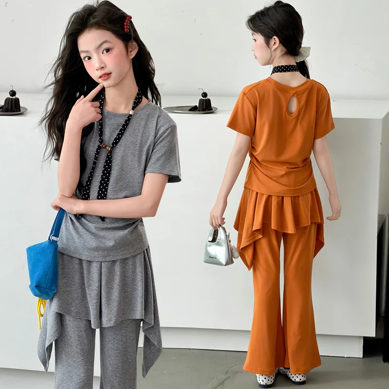 Teenage Girls Clothes Set Free Tie Top+Skirt Pants Fashion Asymmetry Curtain Design 2pcs Summer Kids Suit Child Outfits 5-14Year