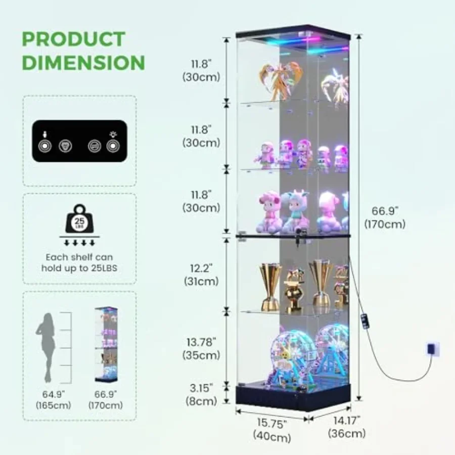 Lighted Glass Display Cabinet with Doors for Collectibles: tempered glass, black, LED interior lighting