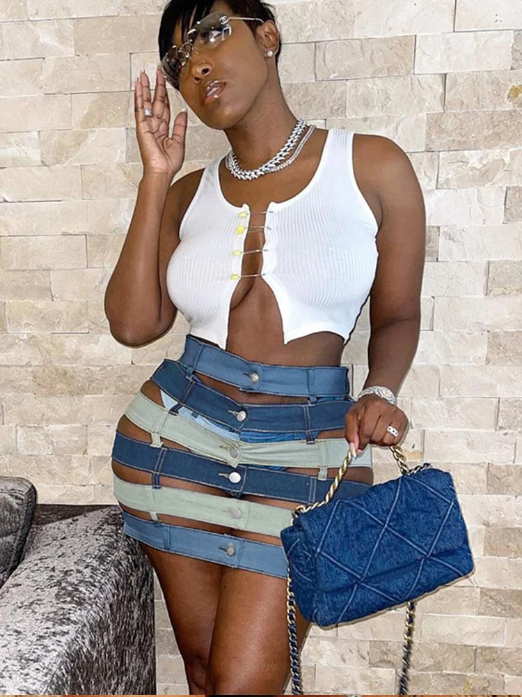 High Quality Summer 2021 New Women\'s Denim Skirt Sexy Cut Out High Wasit Jeans Skirt Female A-line Pencil Skirts for Party Night