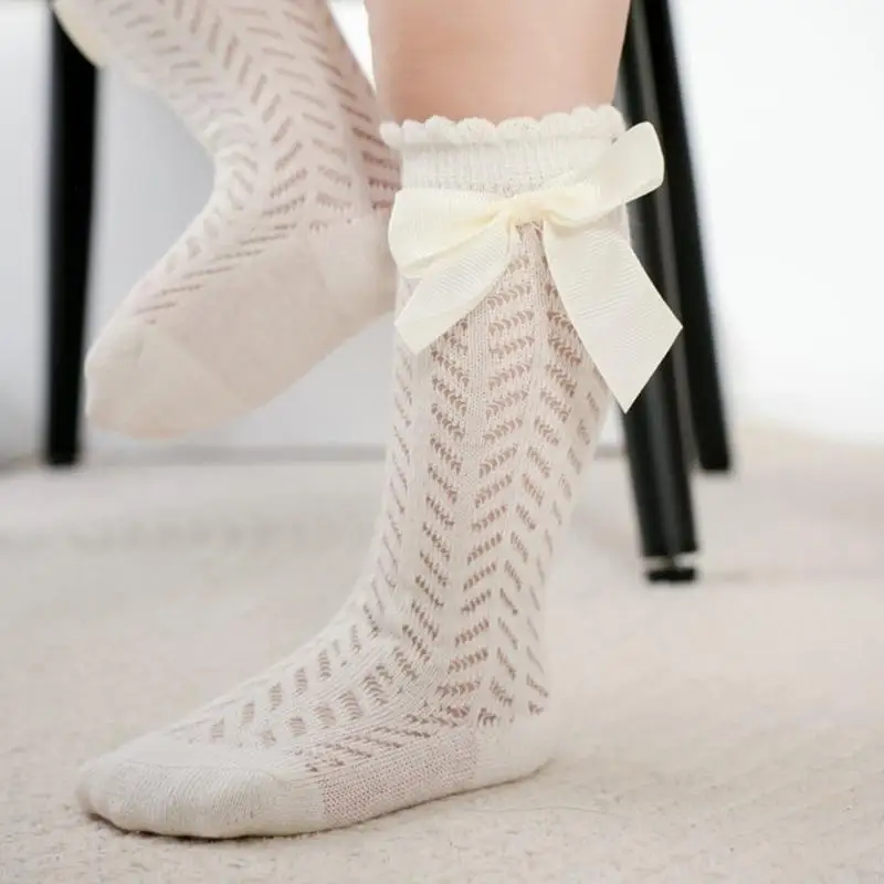 K8GF جوارب شبكية أنيقة ومريحة للأطفال، جوارب عالية على شكل ربلة الساق، جوارب مجوفة بعقدة على شكل فيونكة #3