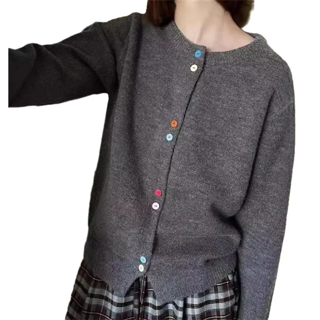

Women's Colorful Button Knitted Cardigan Loose Lazy Style Short Sweater Jacket Solid Color Autumn Winter New