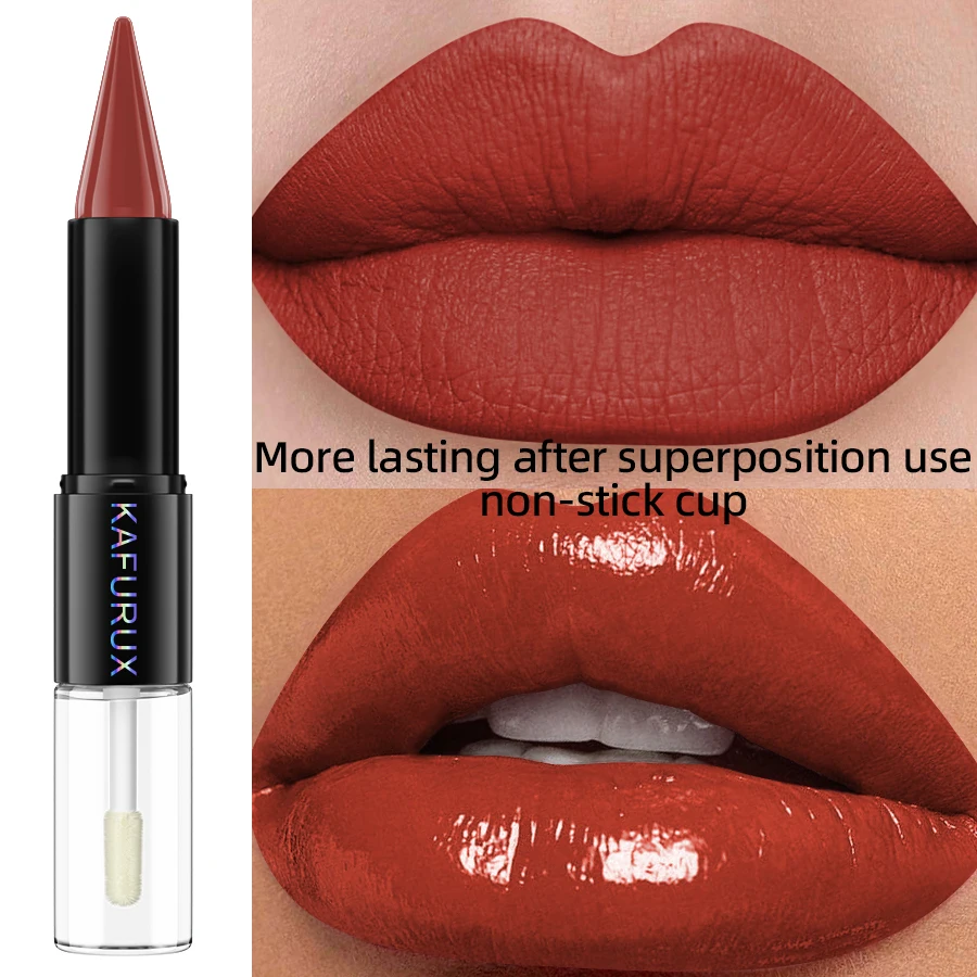 ลิปสติกแบบสองหัว 2 in 1 สีชัด ติดทนนาน กันน้ำ 24 ชม. เครื่องสำอางเกาหลี ของขวัญ ลิปทินท์ ปากอวบอิ่ม สีชมพู