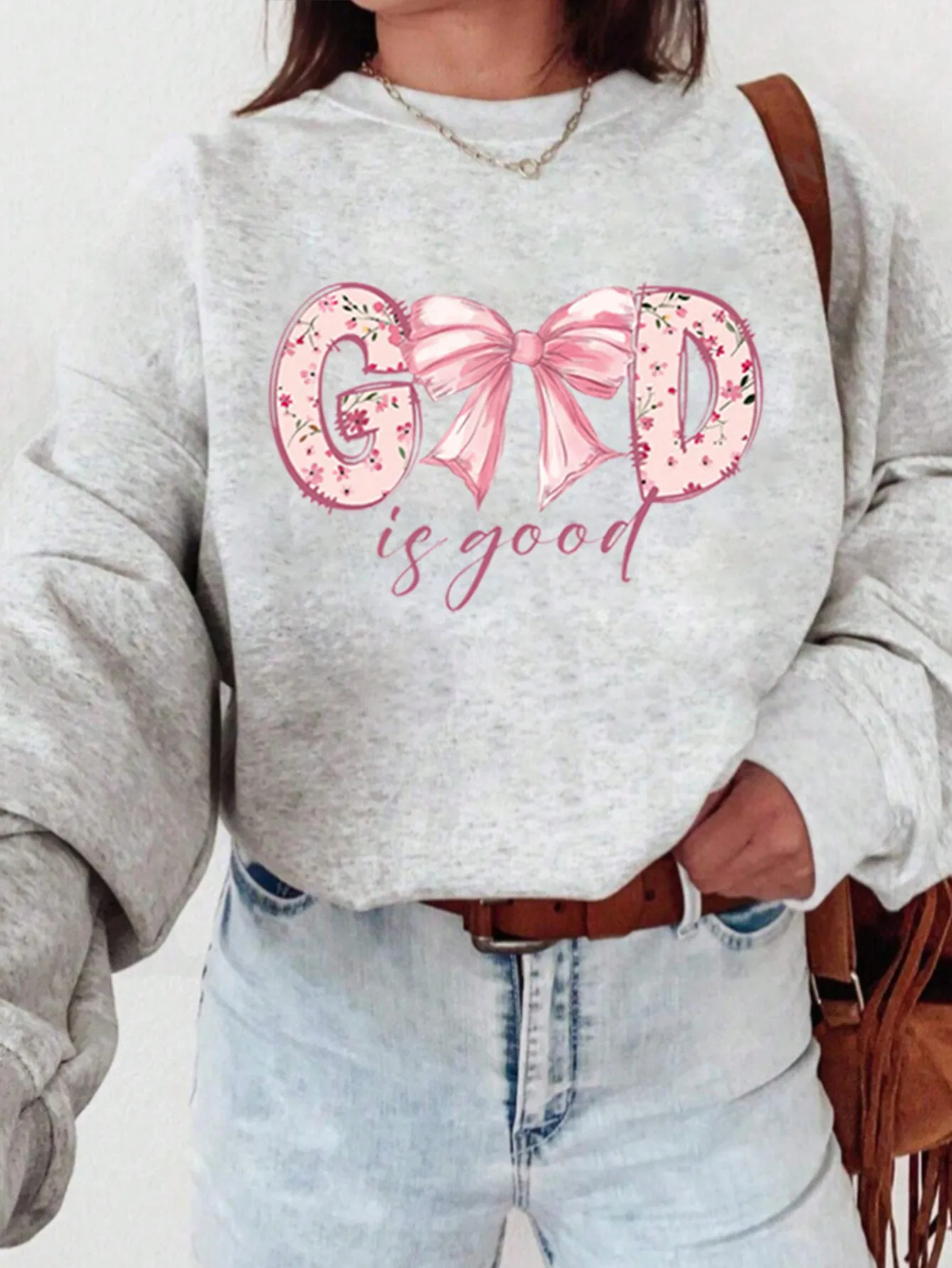 

Женская свободная толстовка с круглым вырезом, бантом и надписью, с заниженной линией плеча, с длинными рукавами, повседневный топ