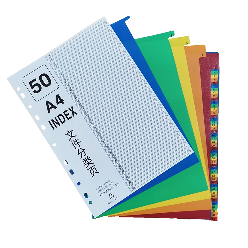 Color Plastic Binder Index Dividers 50 Pages A4 Separators 2/3/4 Rings Binder Tab Numberic Color Dividers For A4 Binder