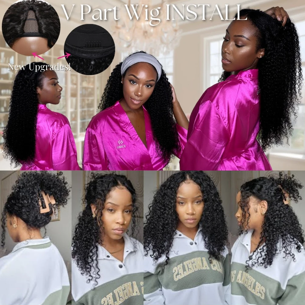 UNICE Hair Jerry Curly V Part Wig Human Hair Upgrade U Part Wig EasiContour Minimal Leave-Out Super Natural 100% Human Hair Wig