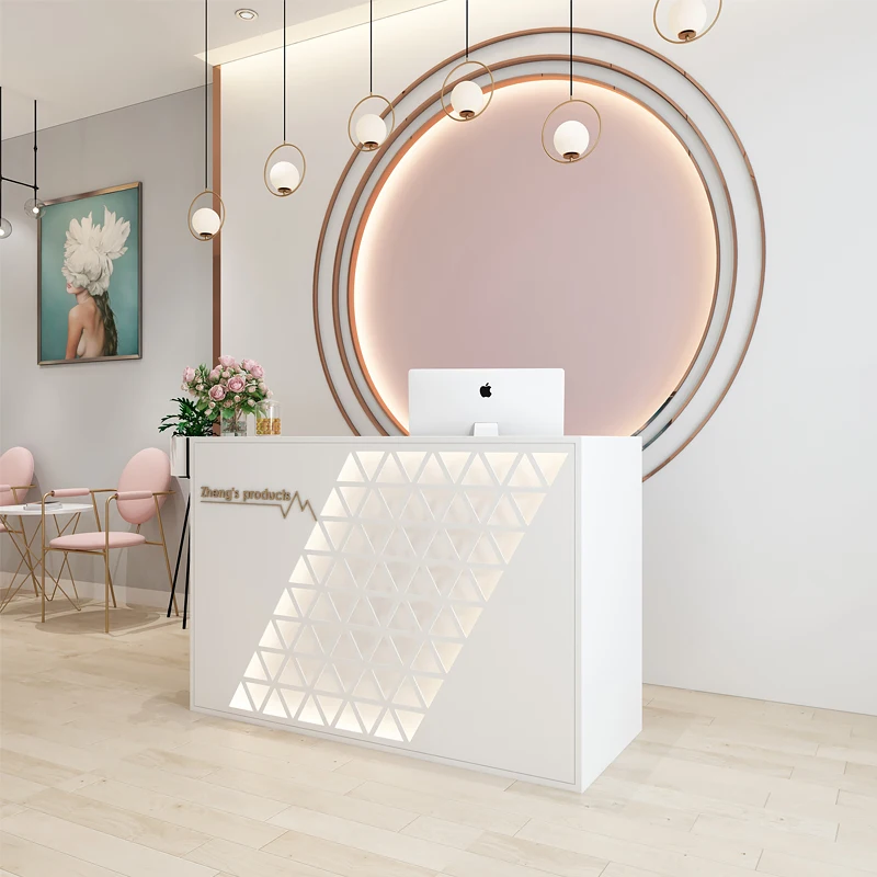 custom.High Quality Modern Pink White Reception Desk Manicure Store Salon Small High End Led  Reception Desk Beauty Salon