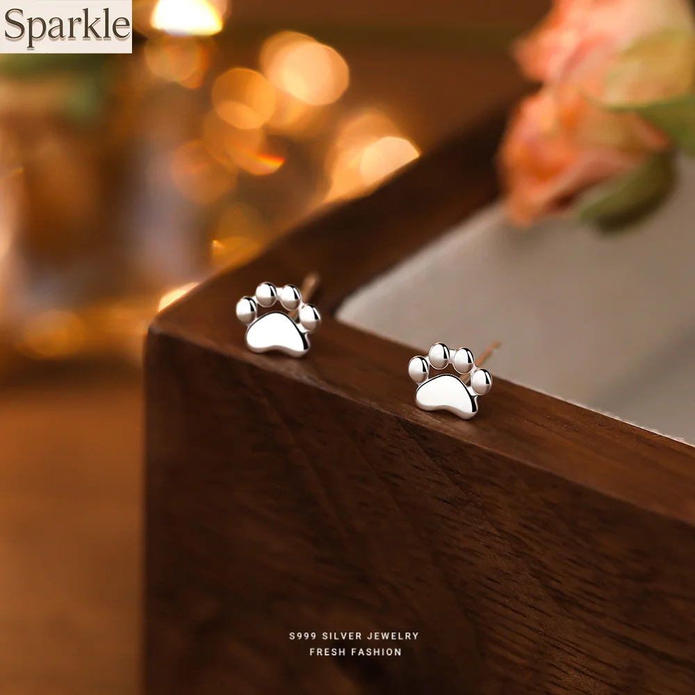

S999 Sterling Silver Cute Cat Paw Stud Earrings for Women Tiny Jewelry Perfect for Daily Wear Sweet Gift Idea Silver Earrings